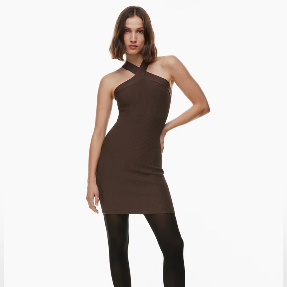 Aritzia Babaton Sculpt Knit Criss Cross Dress, XS Rich Mocha Brown